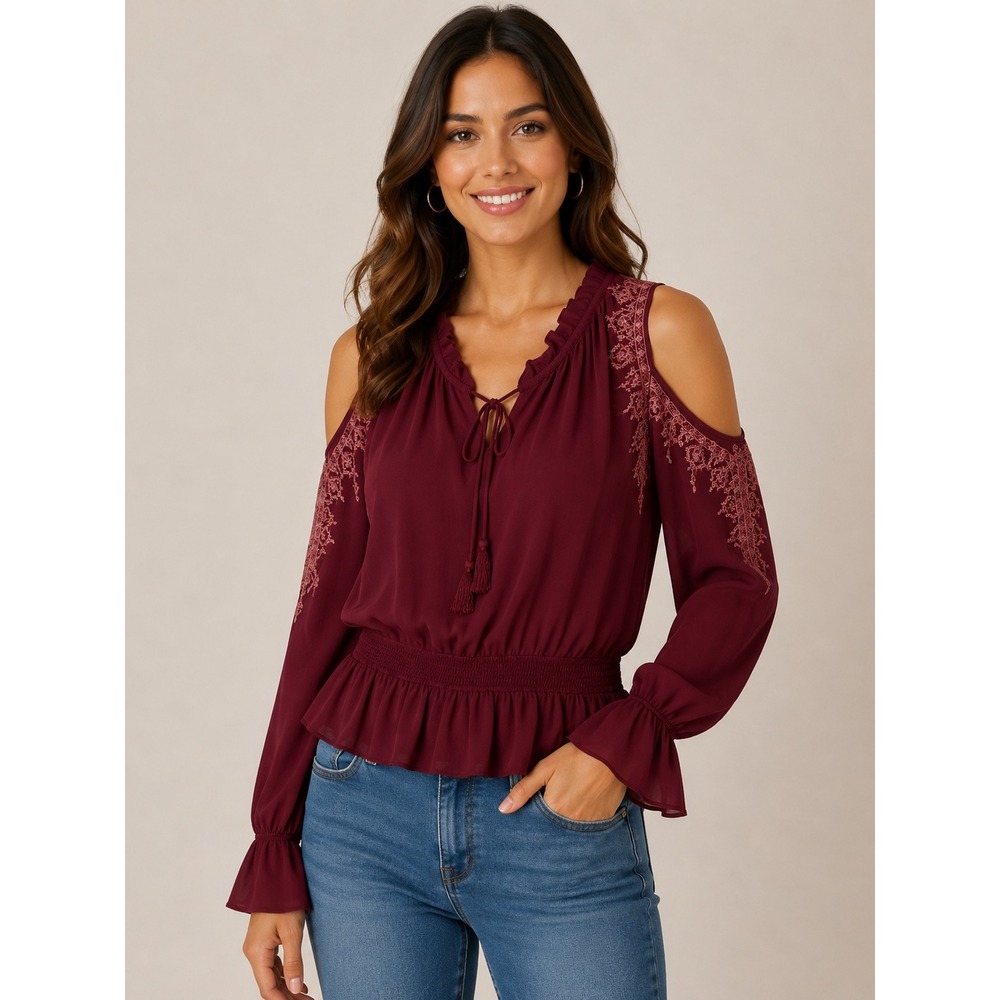Almost Famous Burgundy Cold Shoulder Embroidered Peplum Blouse Top